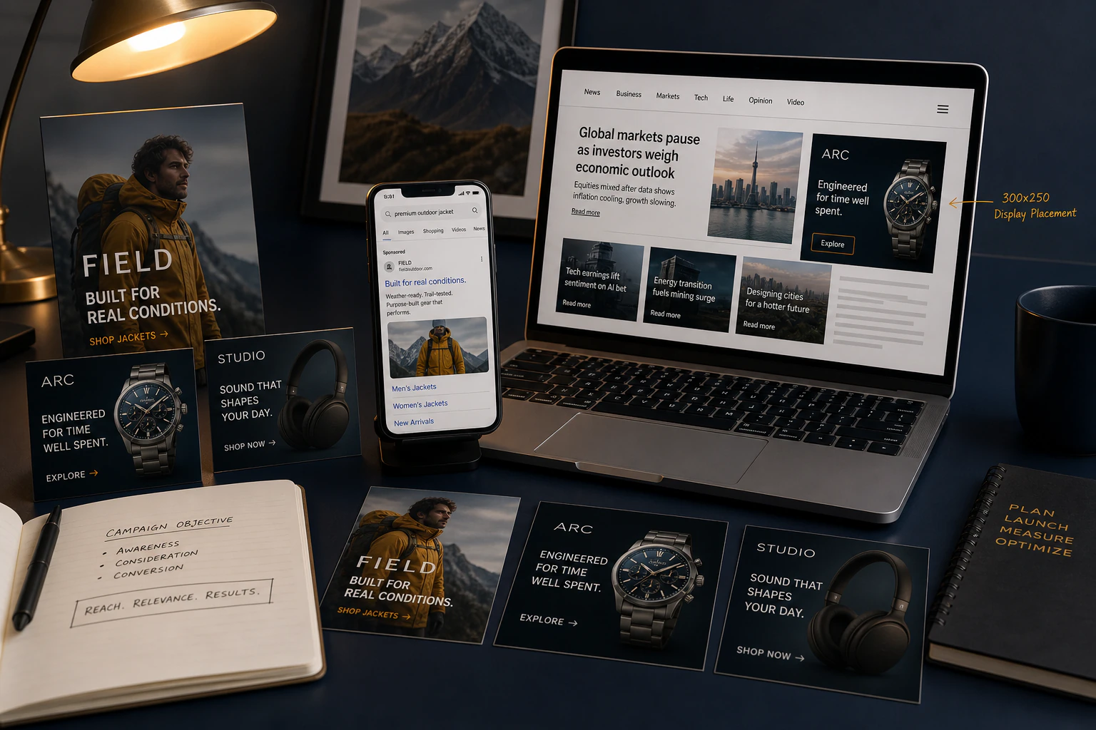 Campaign desk with FIELD, ARC, and STUDIO creatives, notes, and placements