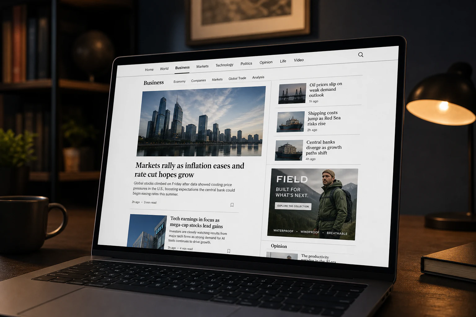 Publisher laptop showing a FIELD display ad on a news page